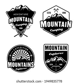 Mountains and outdoor adventure, camping and hiking set of four black vector emblems, labels, badges or logos isolated on white background