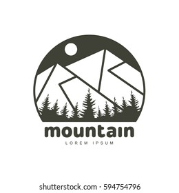 Mountains and outdoor adventures logo templates. Abstract black and white camping, tourism, hiking, mountain and travel logotype design. Vector illustration isolated on white background.