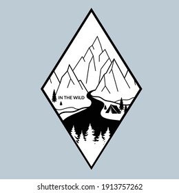 Montañas, al aire libre. Dibujo vectorial de línea blanca y negra. Ilustración aislada. Naturaleza, río, bosque, roca, parque. Diseño de impresión, camiseta