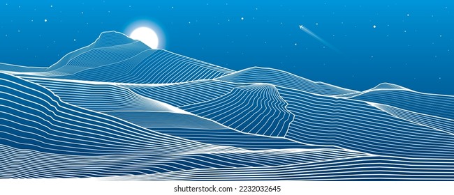 Mountains outline illustration. Night desert landscape. Sand dunes. Moon and stars. Vector design art