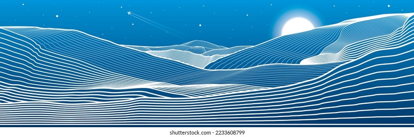 Mountains outline illustration. Night desert landscape. Sand dunes. Moon and stars. Vector design art svg