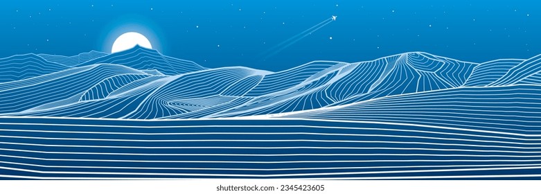 Mountains outline illustration. Night desert landscape. Sand dunes. Moon and stars. Vector design art