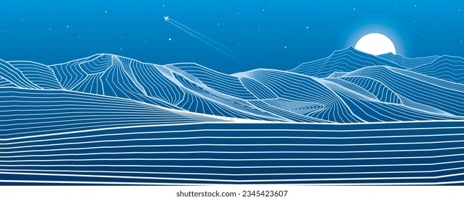 Mountains outline illustration. Night desert landscape. Sand dunes. Moon and stars. Vector design art