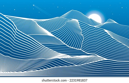 Mountains outline illustration. Night landscape. Moon and stars. Vector design art
