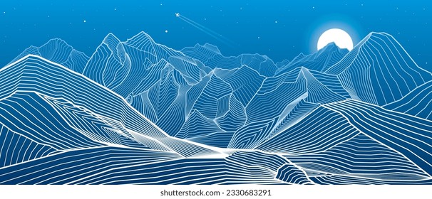 Mountains outline illustration. Night landscape. Himalayas. Snow hills.  Moon and stars. Vector design art