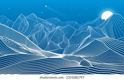 Ilustración del contorno de las montañas. Paisaje nocturno. Himalayas. Colinas de nieve.  Luna y estrellas. Arte de diseño de vectores