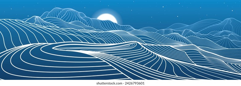 Mountains outline illustration. Night landscape snow hills. Moon and stars. Vector design art