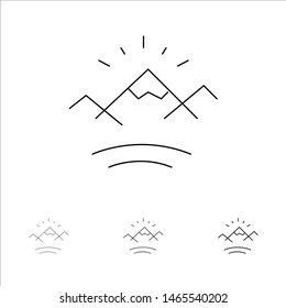 Mountains over a river bold and thin black line icon set. Vector Icon. Template background.
