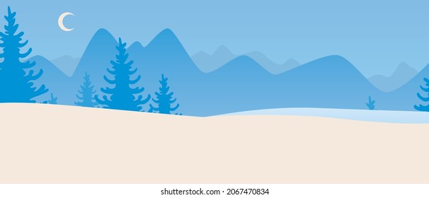 Mountains for overlay, copy space template. Flat vector stock illustration. Mountain nature. Copy space landscape. Snow and the moon in nature. Winter template. Overlay illustration