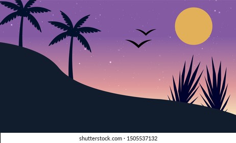 Mountains and palm tree evening landscape background