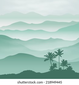 Mountains with palm tree in the fog. Background. EPS10 vector.