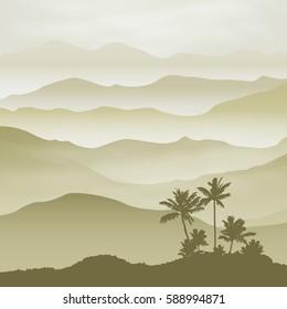 Mountains with palm tree in the fog. Background. EPS10 vector.