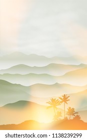 Mountains with palm tree in the fog. Summer.