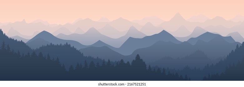 Mountains Panorama. Foggy Mountain Landscape With Aerial Perspective Effect, Morning Sunrise Forest Vector Background Illustration Of Panorama Nature Landscape