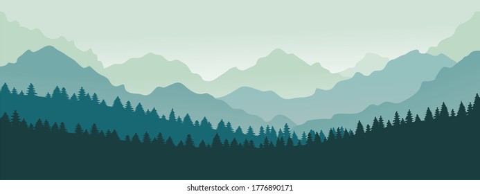 Mountains panorama. Forest mountain range landscape, blue mountains n twilight, camping nature landscape silhouette vector illustration. Forest range landscape, panorama silhouette hill