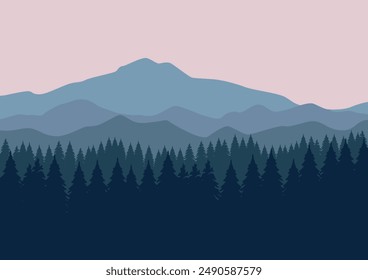 Bergpanorama. Waldgebirgslandschaft, Campingplatz Naturlandschaft Silhouette Vektorillustration. Waldgebirgslandschaft, Panorama Silhouette Hügel.