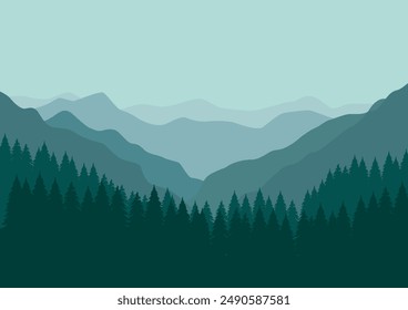 Mountains panorama. Forest mountain range landscape, camping nature landscape silhouette vector illustration. Forest range landscape, panorama silhouette hill.