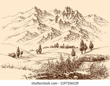Mountains panorama hand drawing. Travel or tourism in nature background