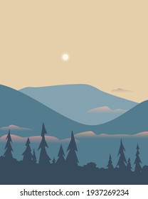 Mountains panorama landscape. Forest in mountain valley flat minimalist vector style. Blue mounts terrain, fog in valley. Layered scenic view background illustration. Wild nature outdoor scenic view