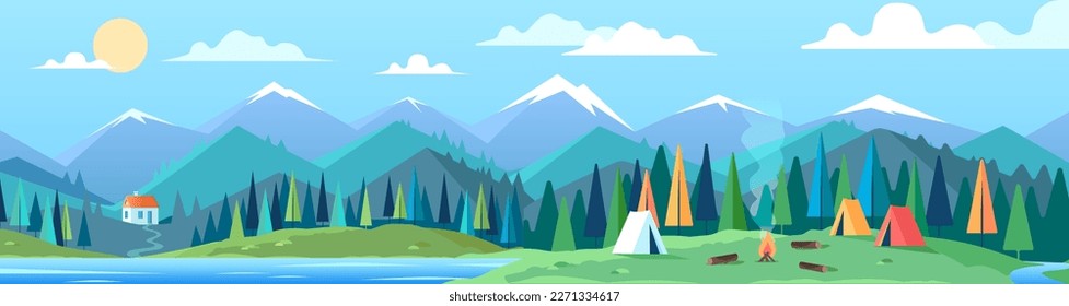 Mountains panorama landscape and tourist camp illustration