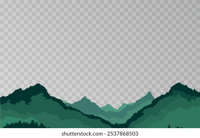 Mountains panorama png. Forest mountain range landscape, camping nature landscape landscape vector illustration. Forest rank landscape, panorama of the hill on transparent background.