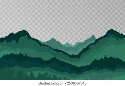 Mountains panorama png. Forest mountain range landscape, camping nature landscape landscape vector illustration. Forest rank landscape, panorama of the hill on transparent background.