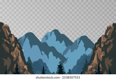 Mountains panorama png. Forest mountain range landscape, camping nature landscape landscape vector illustration. Forest rank landscape, panorama of the hill on transparent background.