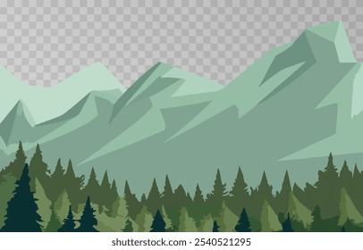 Mountains panorama png. Forest mountain range landscape, camping nature landscape landscape vector illustration. Forest rank landscape, panorama of the hill on transparent background.