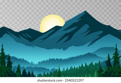 Mountains panorama png. Forest mountain range landscape, camping nature landscape landscape vector illustration. Forest rank landscape, panorama of the hill on transparent background.