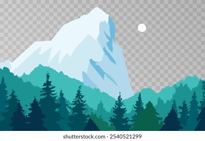 Mountains panorama png. Forest mountain range landscape, camping nature landscape landscape vector illustration. Forest rank landscape, panorama of the hill on transparent background.