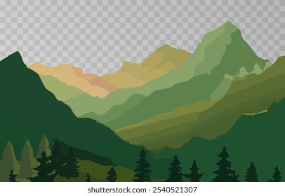 Mountains panorama png. Forest mountain range landscape, camping nature landscape landscape vector illustration. Forest rank landscape, panorama of the hill on transparent background.