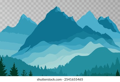 Mountains panorama png. Forest mountain range landscape, camping nature landscape landscape vector illustration. Forest rank landscape, panorama of the hill on transparent background.