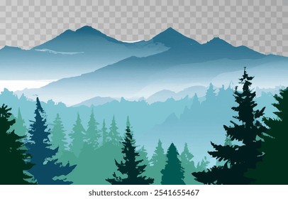 Mountains panorama png. Forest mountain range landscape, camping nature landscape landscape vector illustration. Forest rank landscape, panorama of the hill on transparent background.