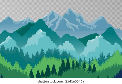 Mountains panorama png. Forest mountain range landscape, camping nature landscape landscape vector illustration. Forest rank landscape, panorama of the hill on transparent background.