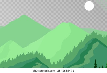 Mountains panorama png. Forest mountain range landscape, camping nature landscape landscape vector illustration. Forest rank landscape, panorama of the hill on transparent background.