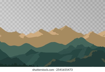 Mountains panorama png. Forest mountain range landscape, camping nature landscape landscape vector illustration. Forest rank landscape, panorama of the hill on transparent background.