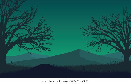 Mountains panorama with realistic dry tree silhouette at night from the out of the city. Vector illustration of a city