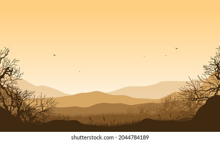 Mountains panorama with a realistic silhouette of dry trees in the afternoon from the countryside. Vector illustration of a city
