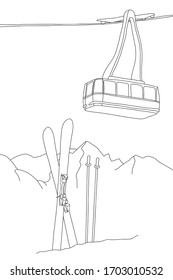 mountains panorama in winter sketch. Funicular icon in outline style isolated. Ski resort symbol stock vector illustration. Ski resort banner, equipment, trail, mountains. Line art illustration