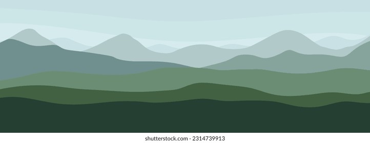 Paisaje panorámico de las montañas. Resumen ilustración mínima del fondo natural horizontal con montañas, colinas y cielo azul. Escena de verano. Ilustración del vector