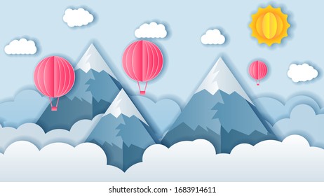 Montañas Vector De Fondo De Corte De Papel Con Nubes Y Globo De Sol
