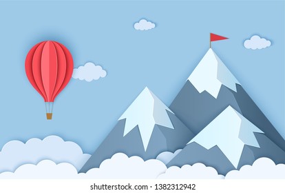 Mountains in paper cut style. Landscape with clouds of three snow capped mountains and a flying red hot air balloon. Vector origami card illustration.