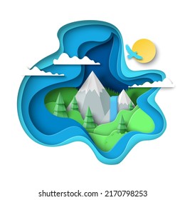 Mountains papercut background 3d nature vector. Art style forest landscape illustration in craft style. Layered origami spring or summer design with grass, sun and cloud. Travel, tourism and adventure