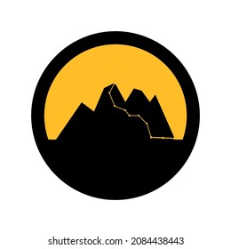 Mountains and path to the top, black and yellow colors, round sign for design on a white background, vector illustration