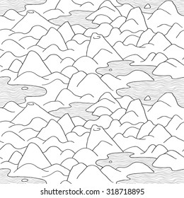 Mountains pattern. Vector seamless pattern with hills, lakes and peaks. Background with landscape.
