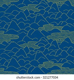 Mountains pattern. Vector seamless pattern with hills, lakes and peaks. Background with landscape.