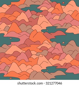 Mountains pattern. Vector seamless pattern with hills, lakes and peaks. Background with landscape.