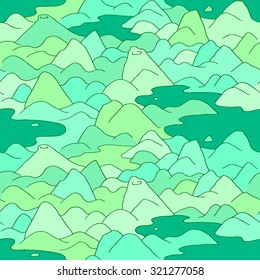 Mountains pattern. Vector seamless pattern with hills, lakes and peaks. Background with landscape.