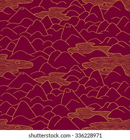 Mountains pattern. Vector seamless pattern with hills, lakes and peaks. Background with landscape. Illustration.