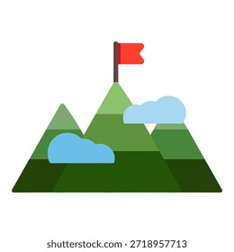 Pico de montañas con bandera roja. Naturaleza, aventura, al aire libre, desafío, logro, concepto de objetivo. Ilustración de diseño aislado de Vector plano.
